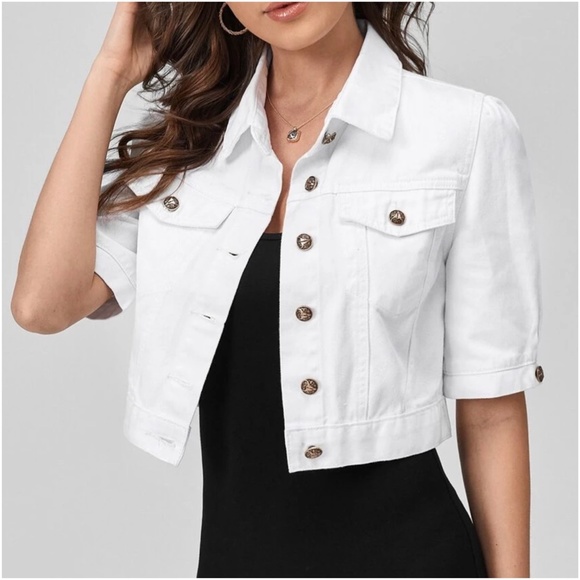 Boho White Puff Sleeve Denim Jacket Shacket - Picture 1 of 7